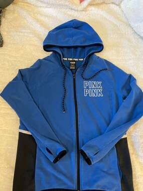 Victoria's Secret PINK Blue Full Zip Track Hoodie Colorblock Logo XS